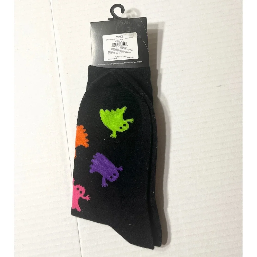 Kohls Halloween Neon Ghost Crew Socks Black Multi Color Size 9-11 Shoe 4-10 NEW